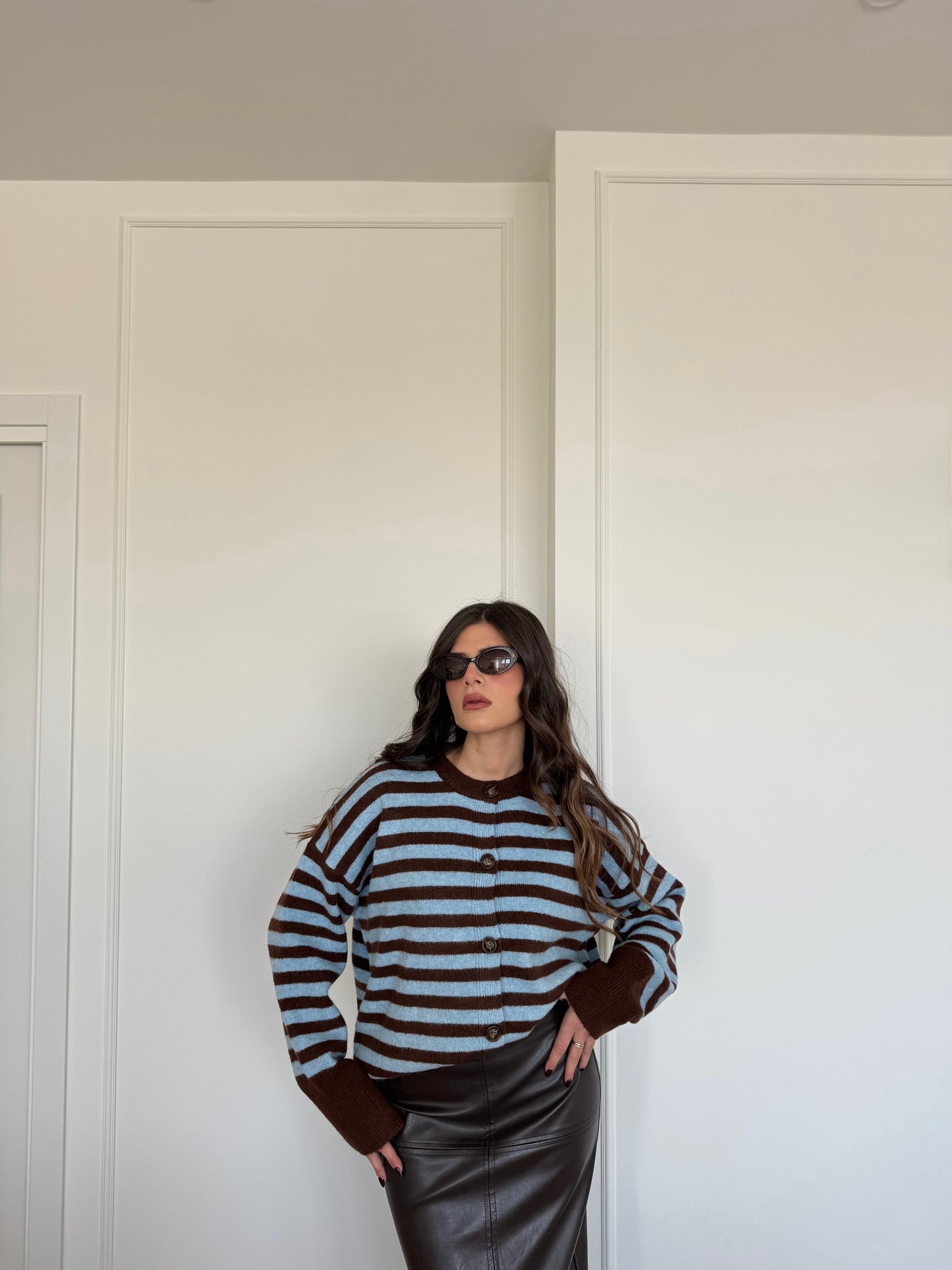 CARDIGAN RIGHE AZZURRO/MARRONE