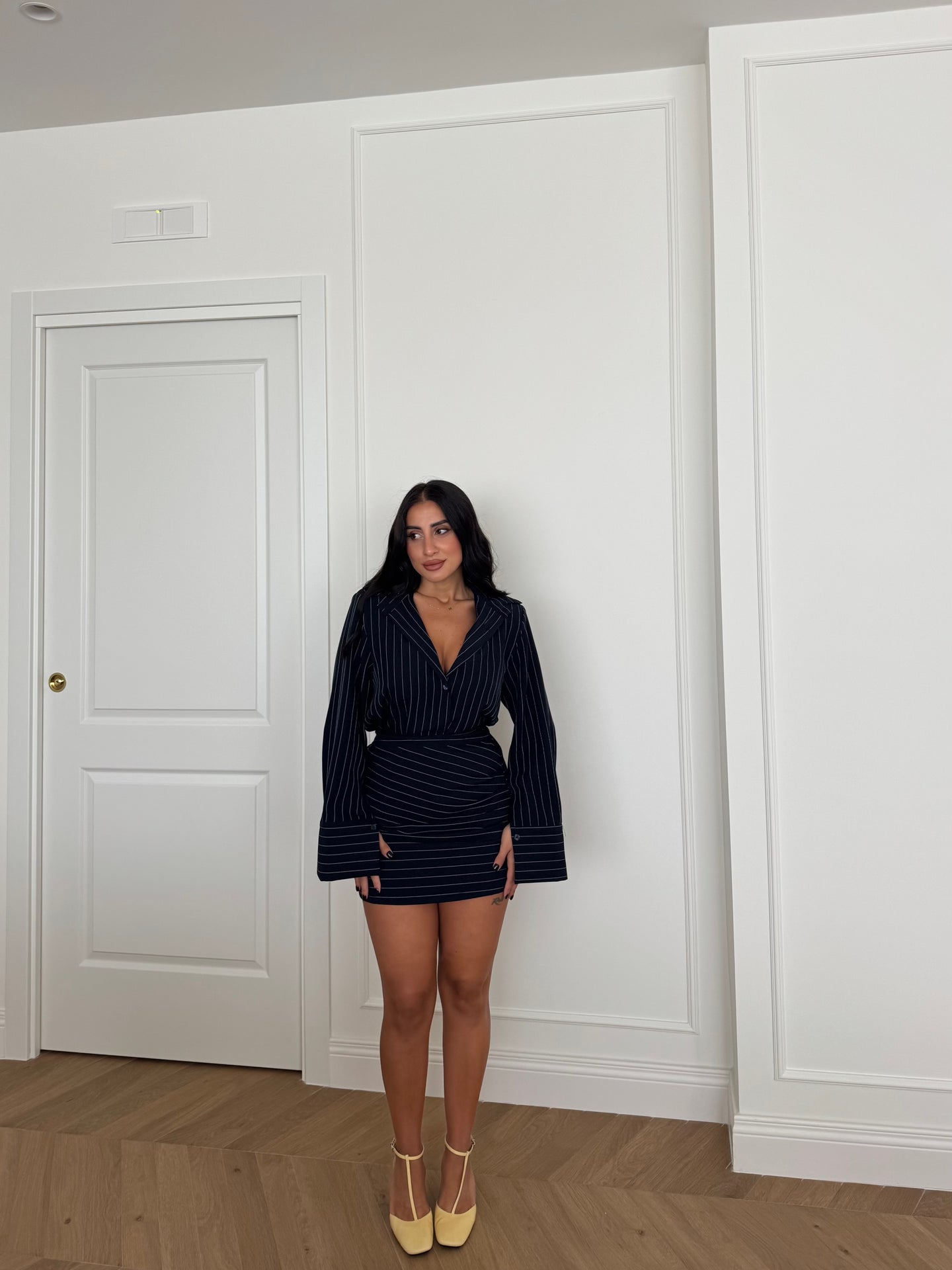 SET CAMICIA E GONNA GESSATO BLU