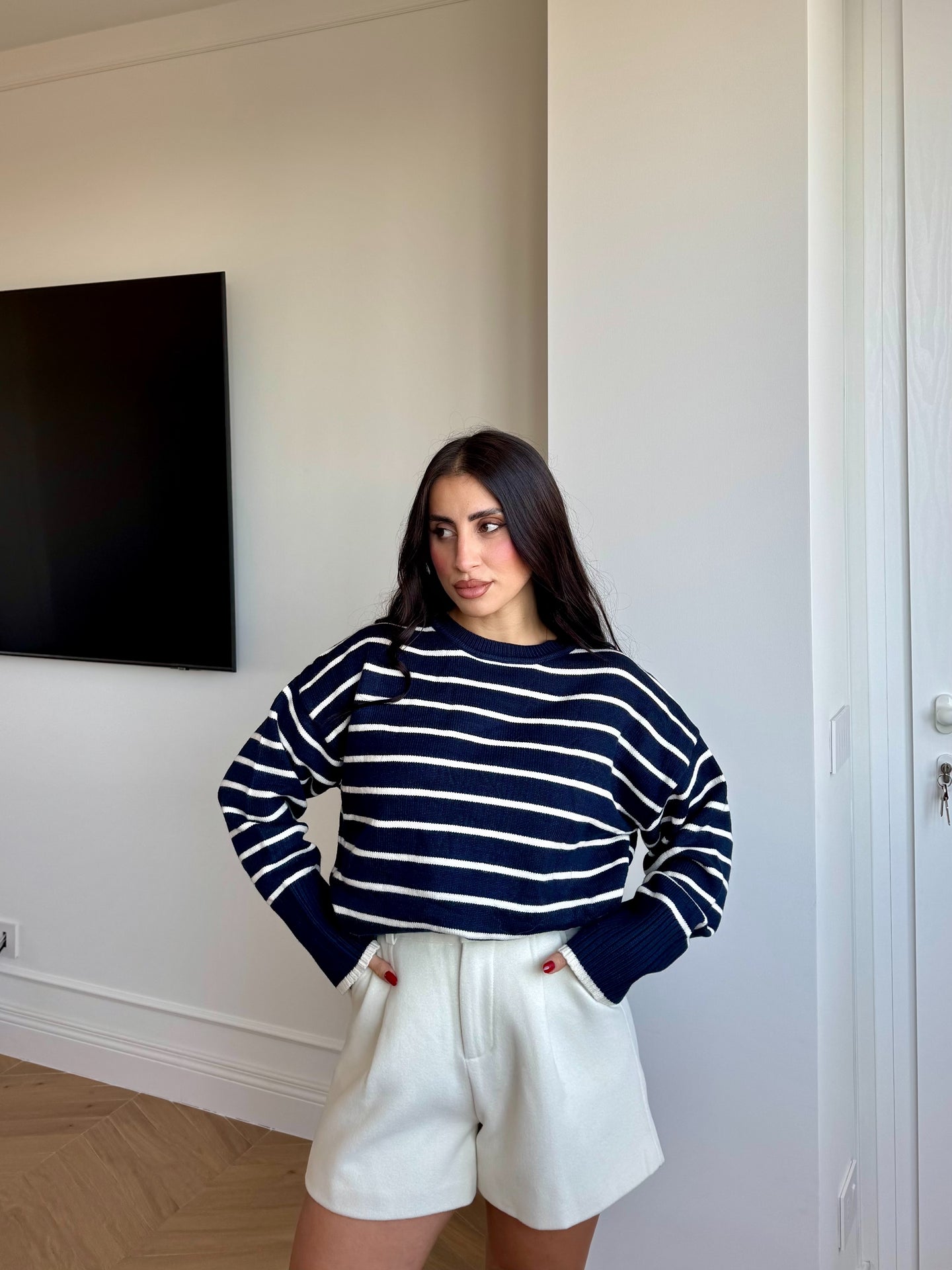 PULL OVER RIGHE BLU/PANNA