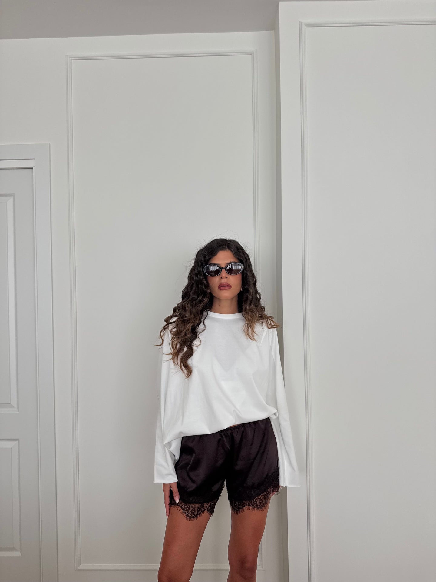 SHORTS SATIN PIZZO MARRONE