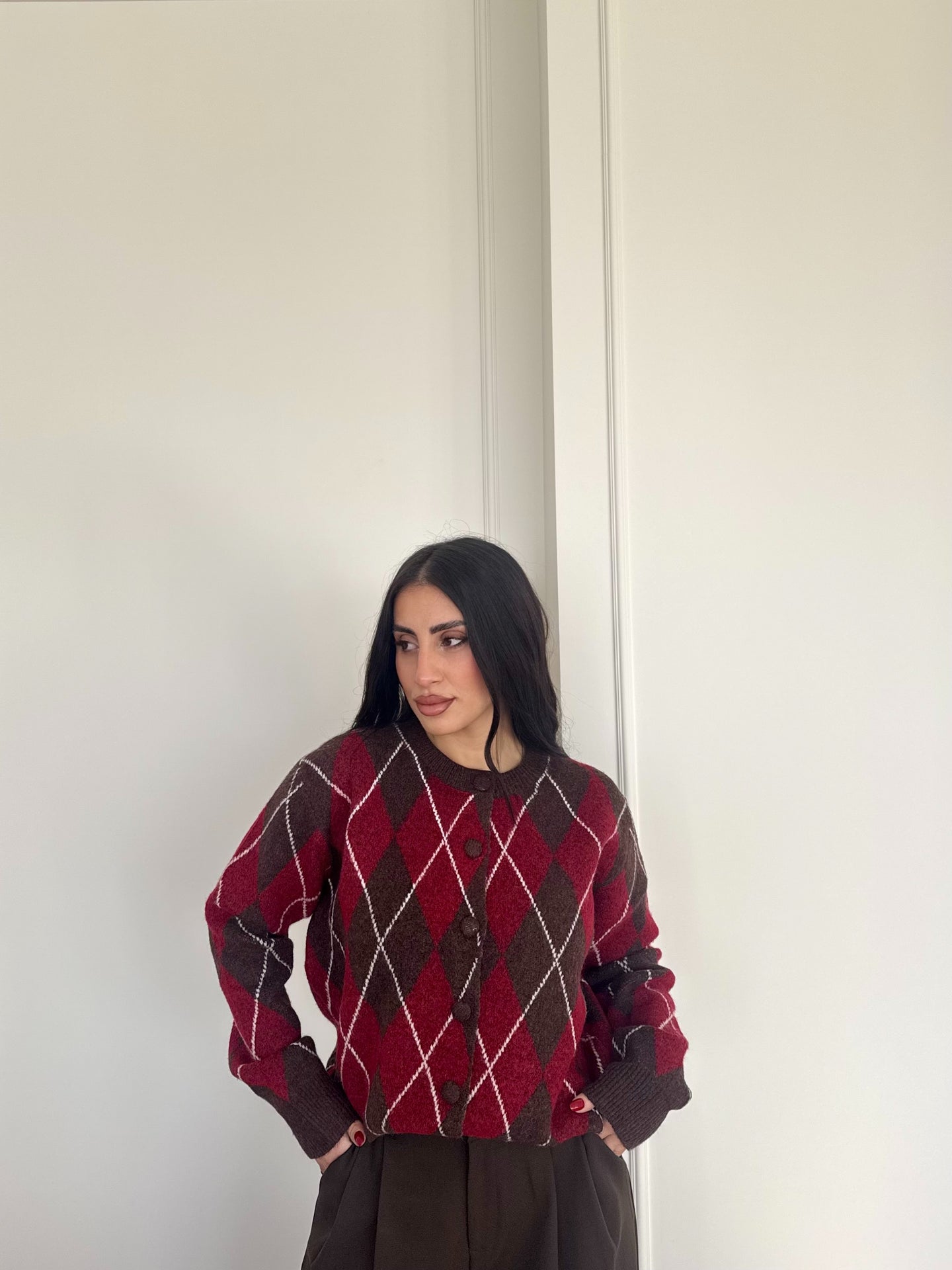 CARDIGAN ROMBI MARRONE/BORDEAUX