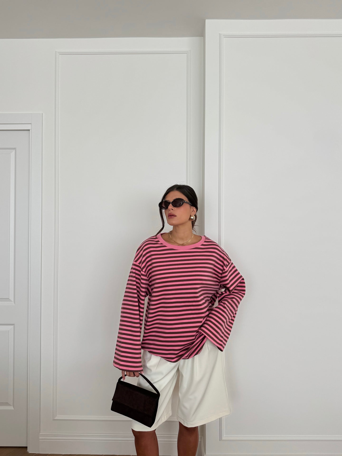 MAGLIA RIGHE ROSA/MARRONE