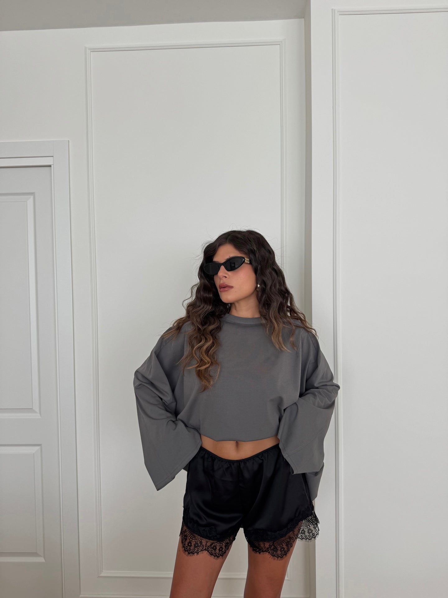SHORTS SATIN PIZZO NERO